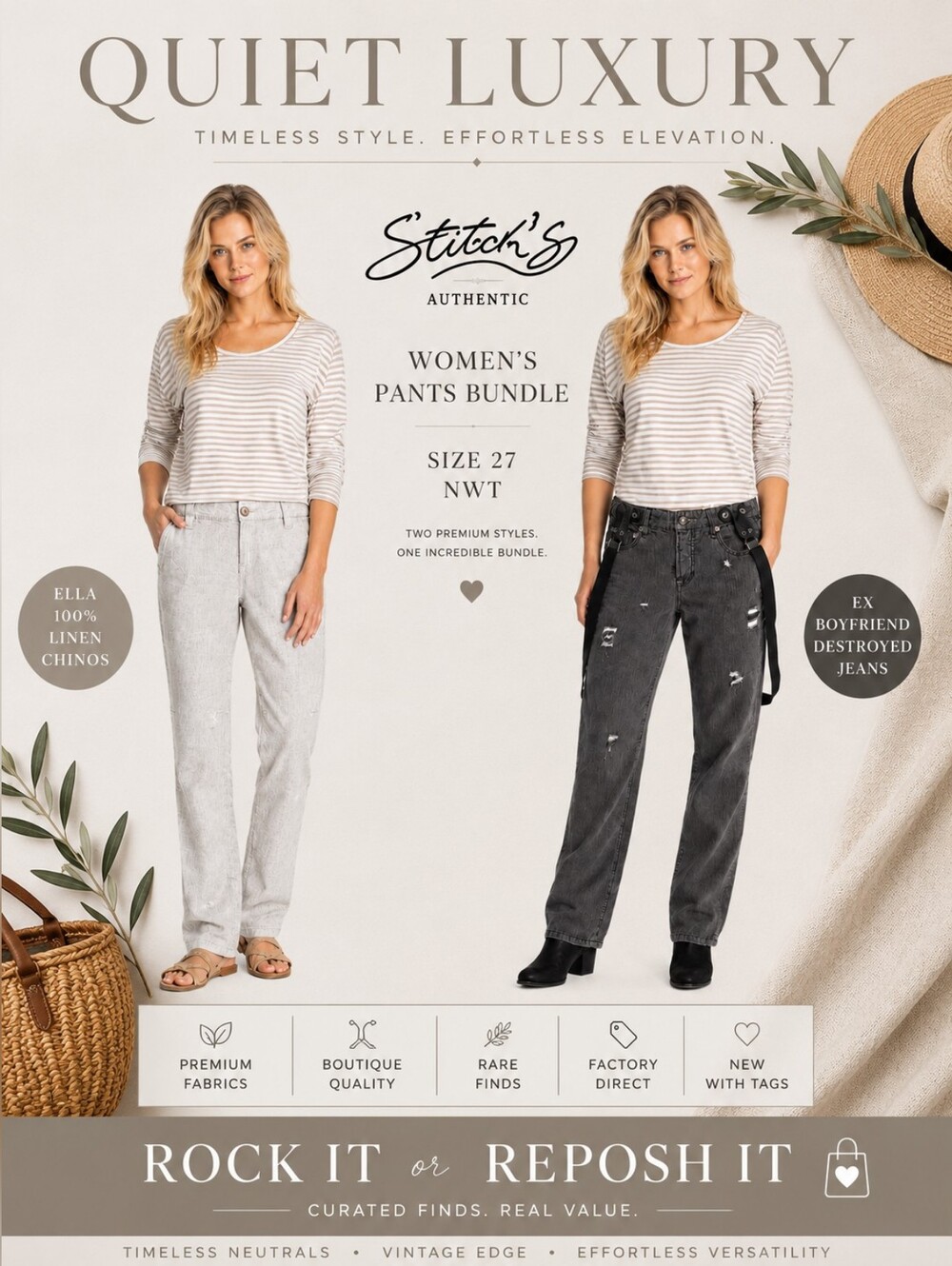 NEW STITCH'S Size 27 Pants Bundle Beige LINEN CHINOS & Ex Boyfriend Jeans - Picture 10 of 11